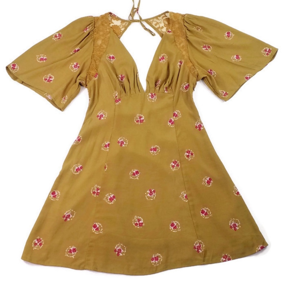 Free People Clove Combo Mockingbird Embroidered Open Back Mini Dress Womens 6